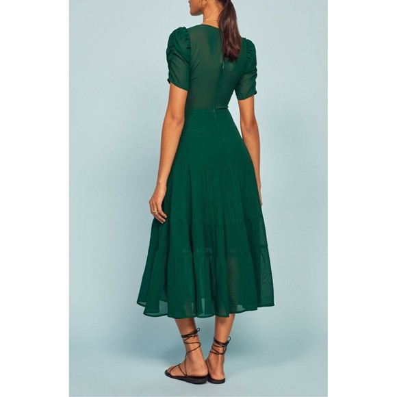 REFORMATION Emerald Green COSA Ruched Sleeve Tiered Deep V-Neck Dress 4 = S - Picture 2 of 6